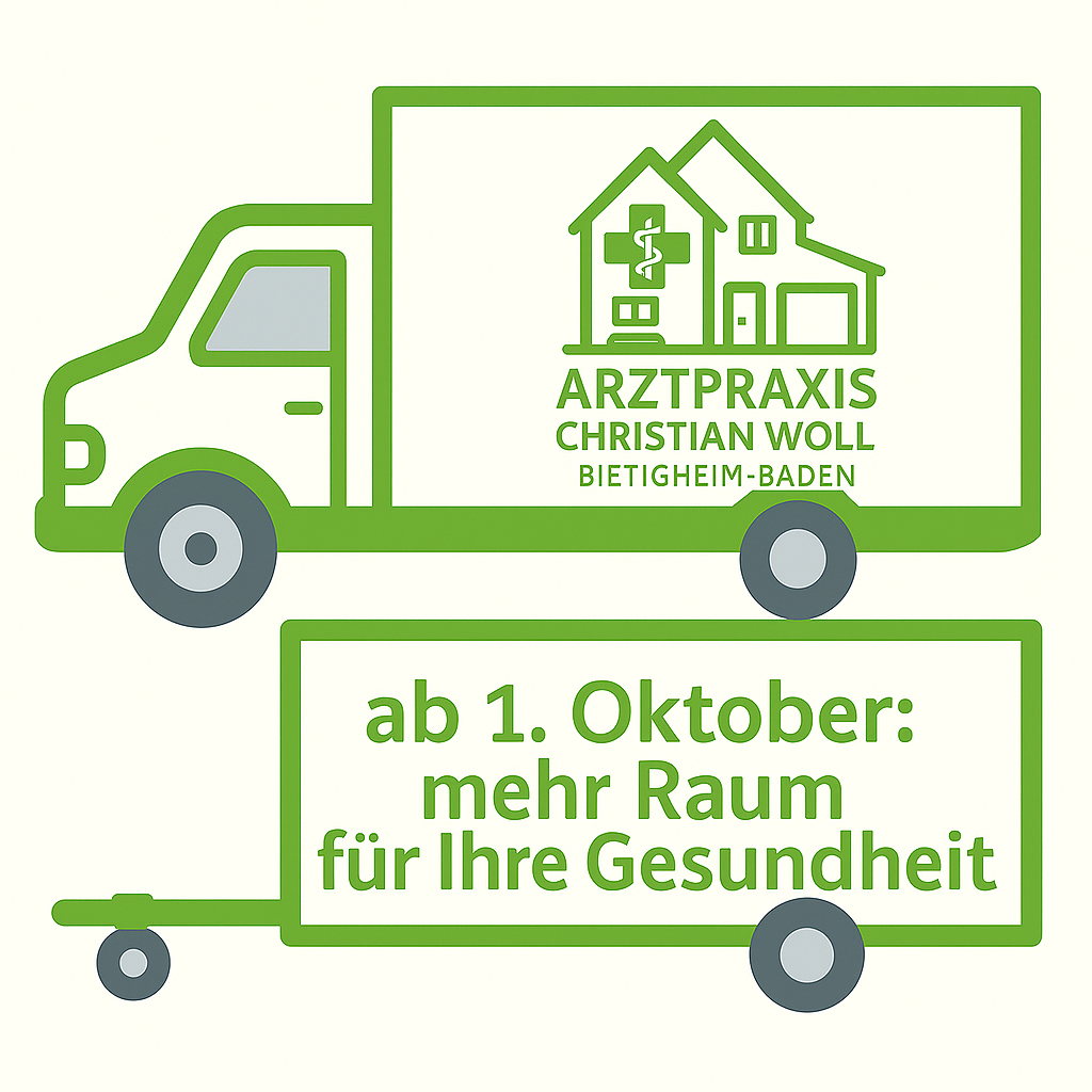 Umzugs-LKW und -anhänger, auf denen folgender Text steht:
Arztpraxis Christian Woll, Bietigheim-Baden.
Ab ersten Oktober:
Mehr Raum für Ihre Gesundheit